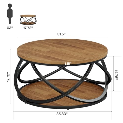 Tribesigns 2-Tier Round Coffee Table, 31.5" Circle Center Table, Wood Grain Accent Table with Storage Shelf and Cross Metal Frame for Living Room, Small Space, Rustic Brown