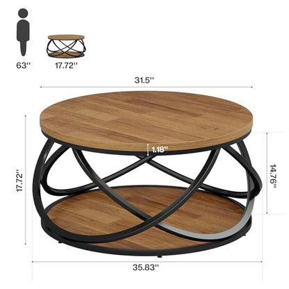 Tribesigns 2-Tier Round Coffee Table, 31.5" Circle Center Table, Wood Grain Accent Table with Storage Shelf and Cross Metal Frame for Living Room, Small Space, Rustic Brown