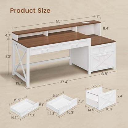 Farmhouse Home Office Desk with File Drawer & Power Outlet, Computer Desk with 4 Drawer, Storage Shelves, Printer Cabinet and Monitor Shelf, Gaming Desk with Led Lights, White Brown