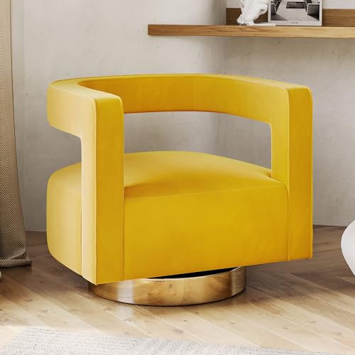 Swivel Barrel Accent Chair, Modern Upholstered Arm Comfy Velvet Curved Back Round Chair with Gold Base Wood Frame, 360 Degree for Living Room Bedroom Office,Yellow