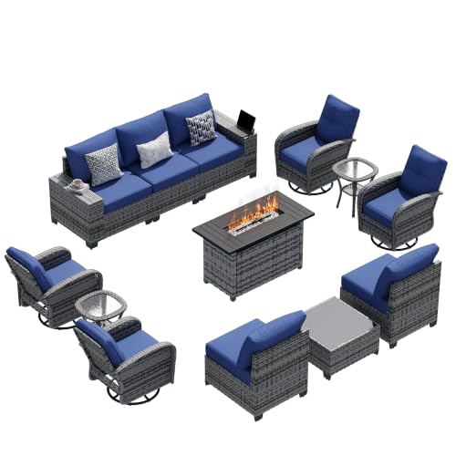 13 PCS Patio Furniture Set with 44'' Fire Pit Table, Outdoor Sectional All-Weather Wicker Conversation Set with Swivel Rocker Chairs, 4'' Thick Cushions for Backyard Poolside(Navy/Grey)