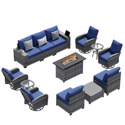 13 PCS Patio Furniture Set with 44'' Fire Pit Table, Outdoor Sectional All-Weather Wicker Conversation Set with Swivel Rocker Chairs, 4'' Thick Cushions for Backyard Poolside(Navy/Grey)