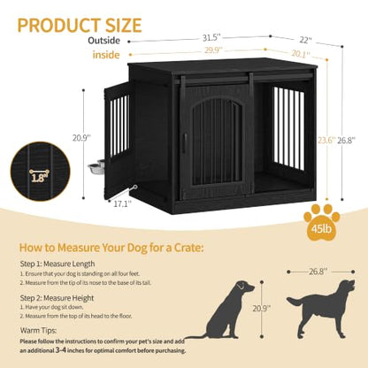31.5 in Dog Crate Furniture Indoor Dog Kennel with 2 Feeding Bowls, view 3