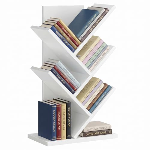 5 Tier Tree Bookshelf, Bookcase, Small Corner Shelf, Space Saving Book Tree for Home Office, Bedroom, Living Room, White