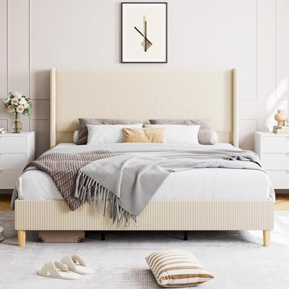 Upholstered King Size Bed Frame with Headboard, Beige, view 4