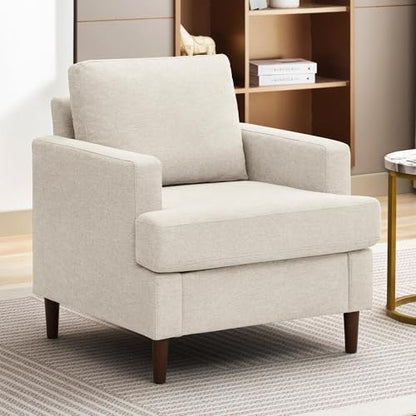 Mid-Century Accent Chair,Modern Linen Fabric Armchair for Living Room,Comfy Upholstered Reading Accent Chairs for Bedroom,Single Sofa Chair with Wood Legs (Beige, 1 Pack)
