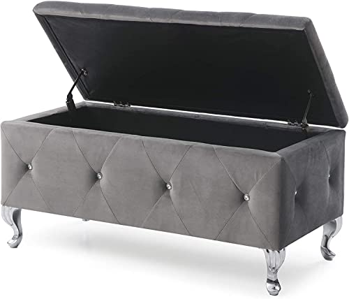 Glam 38 Inches Storage Ottoman Bench for Entryway, Hallway, Living Room, and Bedroom, Upholstered Tufted Faux Leather Ottoman with Storage, Foot Rest and Organizer, Fossil Gray