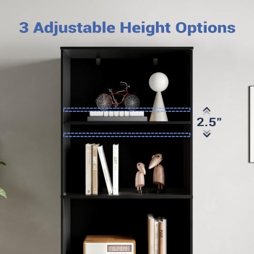 Black Bookshelf with Drawers, 63" Tall Bookshelf with Storage, 3 Shelf Modern Bookcase with Adjustable Shelf, Open Shelves Bookcase, Unique Book Shelf forHome Office, Living Room, Black