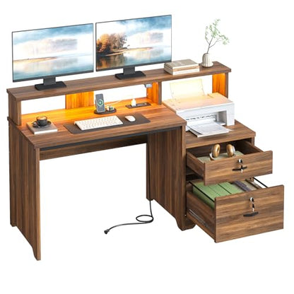 55 Inch Wood Computer Desk with Lockable File Drawer, Charging Station & LED Lights - Home Office Desk with Storage Shelves, Printer Shelf & Monitor Stand, Wooden Desk for Study & Work, Walnut