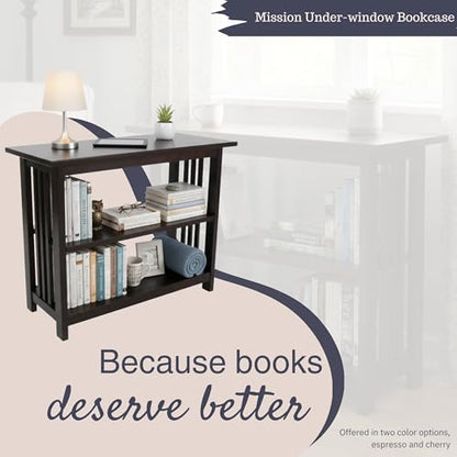 Mission 3-Tier Under Window Bookshelf with Adjustable Middle Shelf and Vertical Slat Side Panels – Space Saving Bookcase for Office, Living Room, or Bedroom (Espresso)
