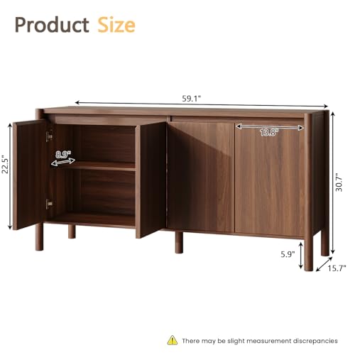 59" Walnut Sideboard Buffet Cabinet with Solid Wood Legs, view 3