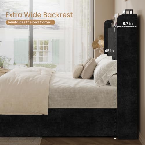Queen Bed Frame with Chenille Storage Headboard and USB, Black, view 7