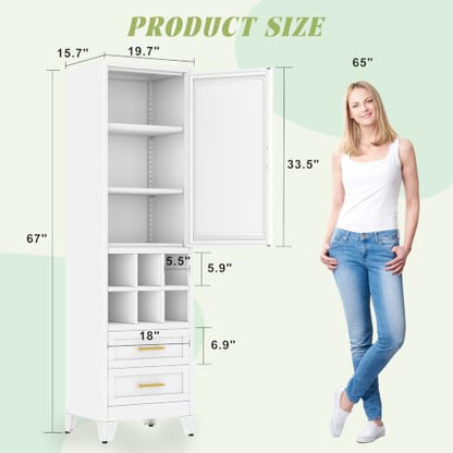 Freestanding white pantry cabinet with golden handles, modern display features, view 4