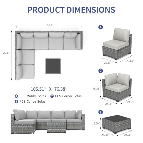 7 Piece Outdoor Patio Furniture Set, PE Rattan Conversation Sofa Set, Wicker Patio Set w/Thick Cushions & Glass Top Coffee Table, All-Weather Outside Furniture for Garden, Balcony, Porch(Grey)