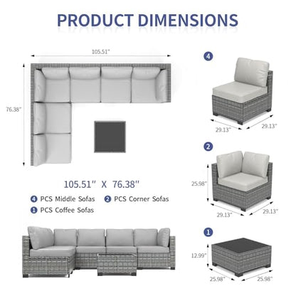 7 Piece Outdoor Patio Furniture Set, PE Rattan Conversation Sofa Set, Wicker Patio Set w/Thick Cushions & Glass Top Coffee Table, All-Weather Outside Furniture for Garden, Balcony, Porch(Grey)