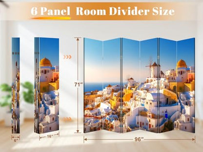 6 Panel Room Divider Screen Santorini Island Famous Popular Summer Resort Greece Folding Privacy Screen Canvas Wall Divider Wood Room Separator Portable Freestanding Partition 6Ft
