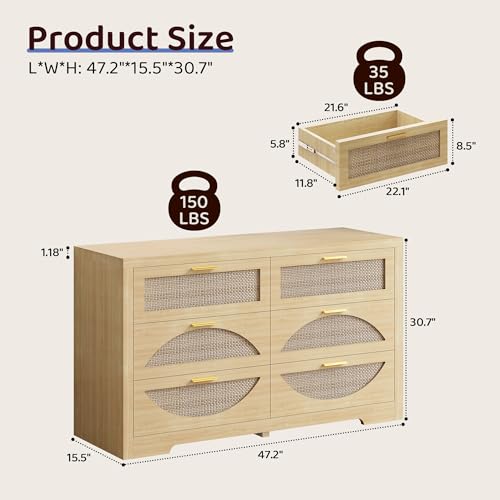 12 Drawer Rattan Dresser for Bedroom,Boho 94.4" Natural Wood Chest of Drawers,TV Stand with Metal Handle,Large Storage Closet Organizer for Living Room,Hallway,Natual Oak