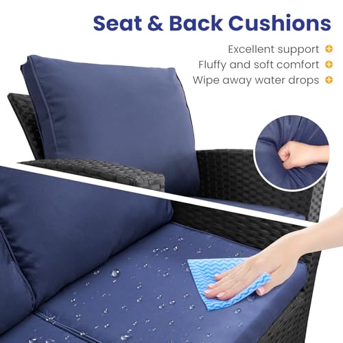 4 Piece Outdoor Wicker Patio Furniture Set, Black/Blue | Sectional Sofa | All-Weather Hand-Woven Rattan | Tempered Glass Coffee Table | Durable Fabric | Indoor & Outdoor Use