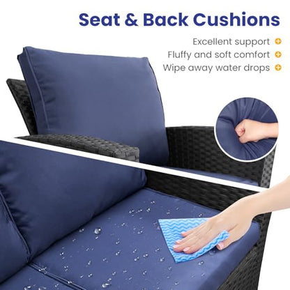 4 Piece Outdoor Wicker Patio Furniture Set, Black/Blue | Sectional Sofa | All-Weather Hand-Woven Rattan | Tempered Glass Coffee Table | Durable Fabric | Indoor & Outdoor Use