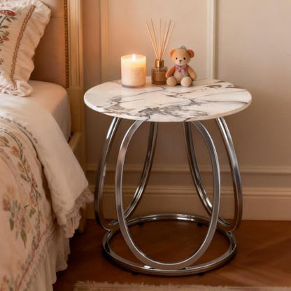 Silver Side Table Living Room, Round End Table with Metal Frame, Modern Nightstand for Small Spaces, Bedroom, Home Office, 1PC