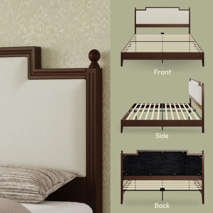 King Size Bed Frame with 50.2" Tall Upholstered Headboard, Walnut, view 6