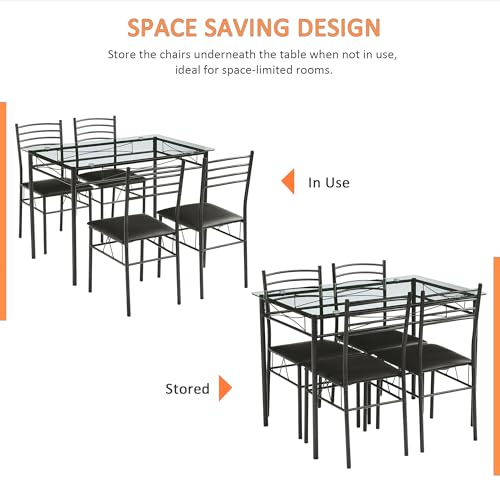 Kitchen Dining Table and Chairs Set for 4, Padded Seat & Glasses Tabletop, Space Saving, Matte Black