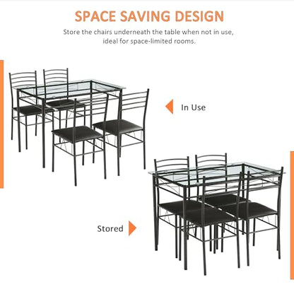 Kitchen Dining Table and Chairs Set for 4, Padded Seat & Glasses Tabletop, Space Saving, Matte Black