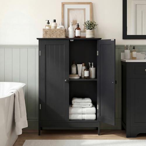 Bathroom Storage Cabinet, Freestanding Wooden Floor Cabinet with Double Doors, Adjustable Shelf, Modern Storage Organizers for Kitchen, Living Room, Entryway (Black)