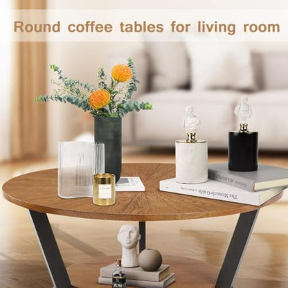 Round Coffee Table, Solid Wood Circle Coffee Table with 2-Tier Storage, view 7