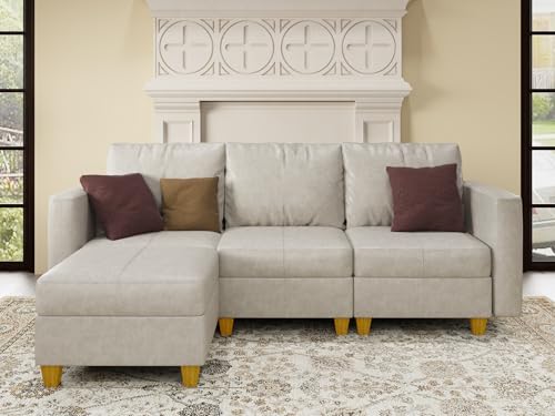 Faux Leather Modualr Sectional Couch,Faux Leather Sectional Sofa with Storage Modular Couch，Whitesand