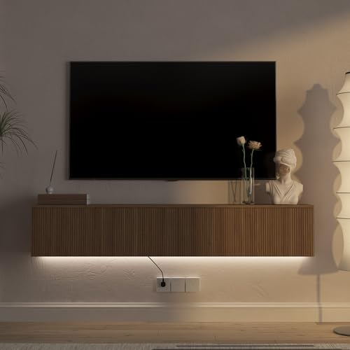 65" Floating TV Stand Wall Mounted with 16 Color LEDs & Power Outlets for TVs, view 7
