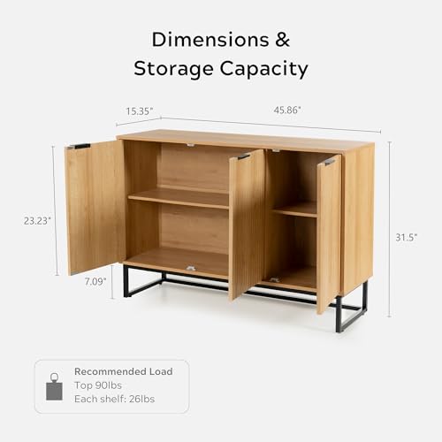 Fluted Storage Cabinet with 3 Doors, Sideboard Buffet Cabinets, Modern Accent Cabinets with Adjustable Shelves, Wooden Credenza Console Table Cabinet for Living Dining Room, Natural Oak