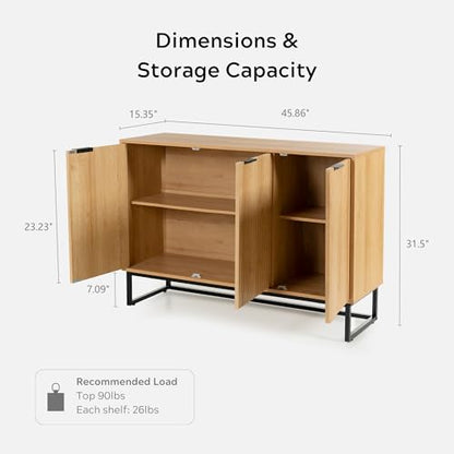Fluted Storage Cabinet with 3 Doors, Sideboard Buffet Cabinets, Modern Accent Cabinets with Adjustable Shelves, Wooden Credenza Console Table Cabinet for Living Dining Room, Natural Oak