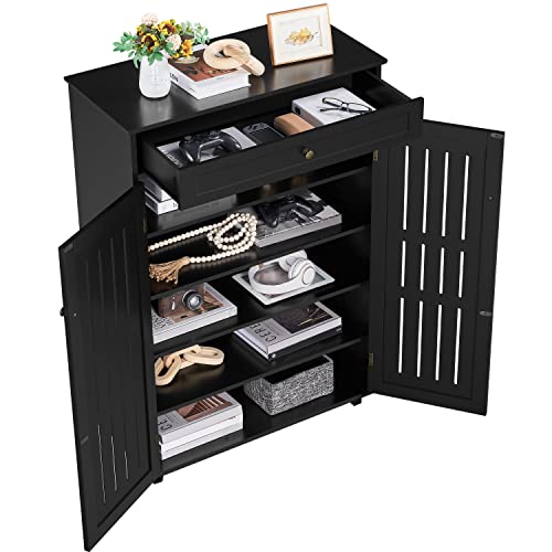 Yaheetech Storage Cabinet Floor Storage Organizer Wooden Cabinet with Drawer 2 Doors for Entryway Living Room Furniture Black