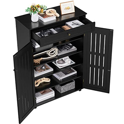 Yaheetech Storage Cabinet Floor Storage Organizer Wooden Cabinet with Drawer 2 Doors for Entryway Living Room Furniture Black