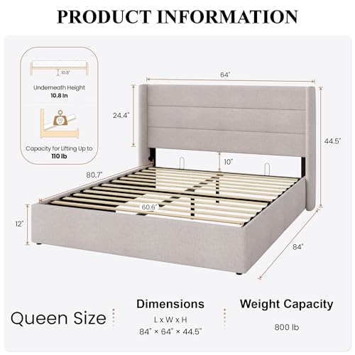 Queen Size Lift Up Hydraulic Storage Bed Frame Light Beige, view 3