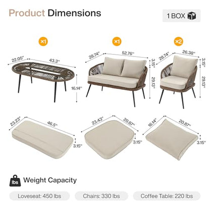 Tribesigns 4-Piece Outdoor Patio Furniture Set with Removable Waterproof Cushions, All-Weather Rattan Wicker Conversation Furniture Set with Glass Coffee Table for Garden, Pool, Porch, Balcony (Brown)
