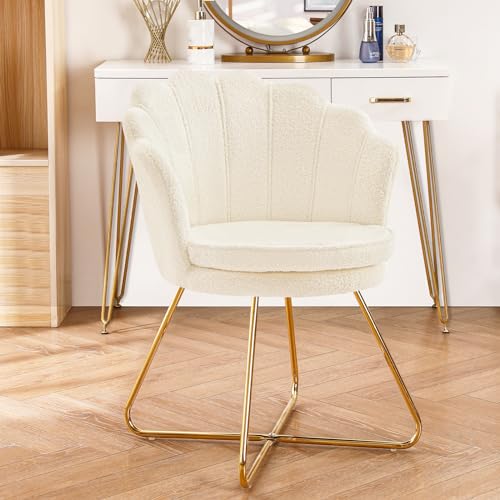 Vanity Chair with Back, Upholstered Accent Chair for Living Room, Makeup Chair for Bedroom Sherpa ArmChairs Home Office Desk Chair with Gold Metal Legs (White)