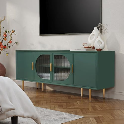 TV Stand with Storage, 66" Modern TV Entertainment Center for TVs up to 75 Inch, Under TV Cabinet with Glass Door, TV Console Media Center for Living Room, Bedroom Green