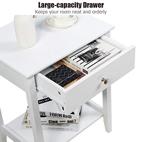 Nightstand Wooden 2-Tier Couch Sofa Side Table with Drawer, Storage Shelf, Solid Wood Legs,Mufti-Functional Home Furniture for Living Room Bedroom Study Room End Table (2, White)