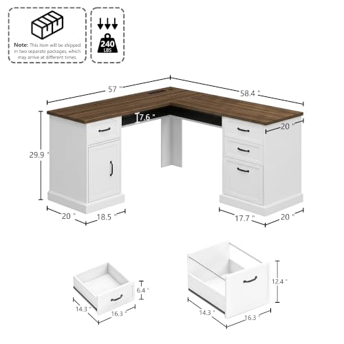 L Shaped Executive Desk with Storage, 4 Drawers, Brown & White, view 3