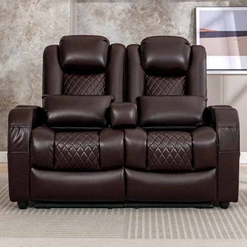 Loveseat Recliner, Recliner Sofa with Cup Holders and 2 Pillows, Wall Hugger Recliners & 135° Reclining Loveseat (Brown PU Leather Furniture)