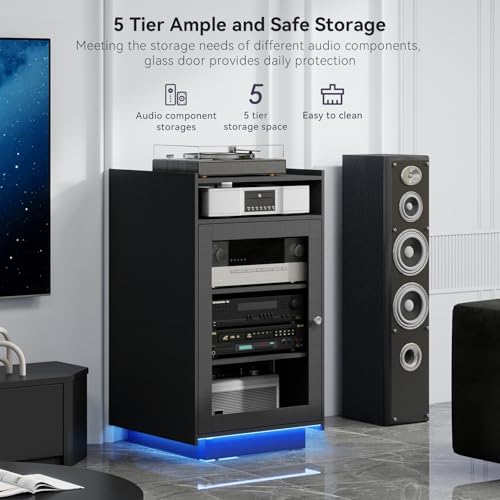 Media Cabinet with Glass Door, 5 Tier Stereo Cabinet, Black, view 4