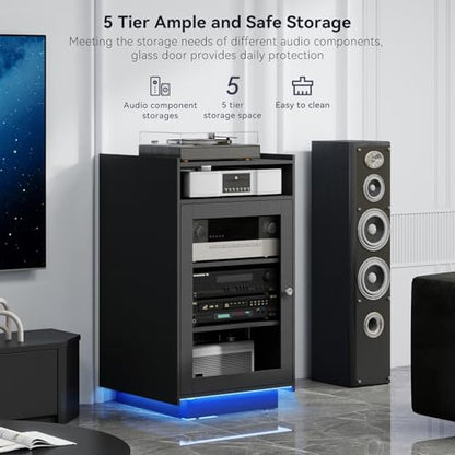 Media Cabinet with Glass Door, 5 Tier Stereo Cabinet, Black, view 4