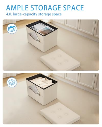 Ottoman with Storage Foot Stool, 17 Inches Folding Storage Ottoman, Leather Upholstered Ottomans Foot Rest with Side Pockets, Suitable for Living Room, Bedroom, Cafe, Beige