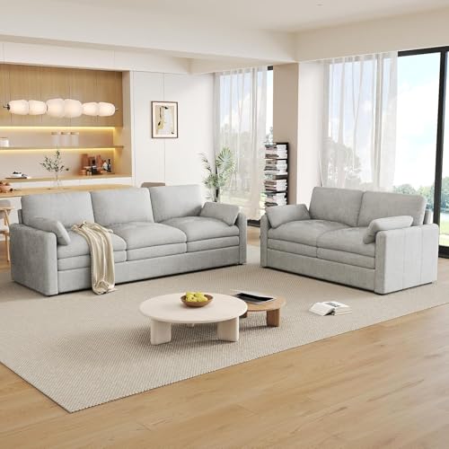 2-Piece Chenille Fabric Upholstered Sofa Set with Oversized Comfy Cloud 3-Seater Couch and Loveseat Sofa, Double Plush Cushion for Living Room