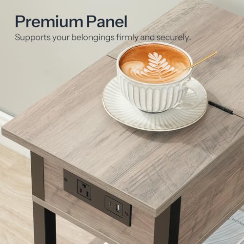 End Table with Charging Station, Flip Top Side Table with USB Ports, Narrow Nightstand Bedside Tables with Storage Shelves, for Small Space, Living Room,Greige and Black BG141UBZ01