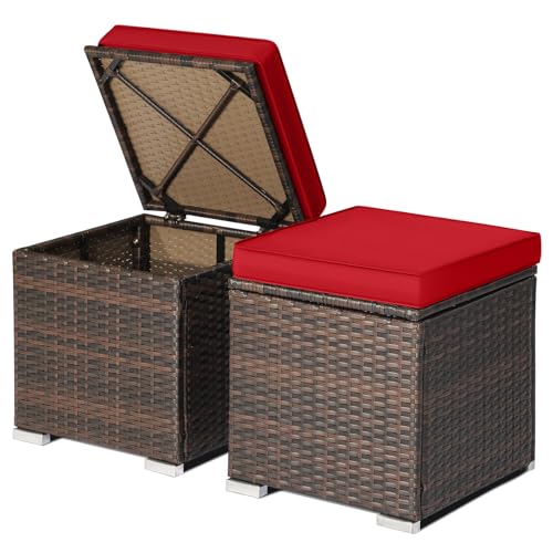 Outdoor Storage Ottoman Wicker 2 Piece, Patio Ottomans PE Rattan Foot Rest Footstool with Cushions for Couch, Chair, Red