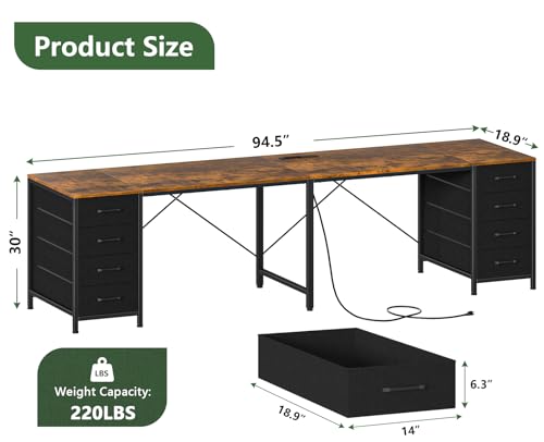95" 2 Person Desk with 8 Drawers, Large Writing Home Office Desks with Outlets, I Shaped Workstation Double Desk Drawer Organizers (Rustic)