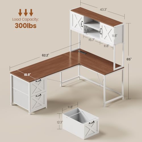 Reversible Farmhouse L Shaped Computer Desk with Drawers, Hutch, view 3